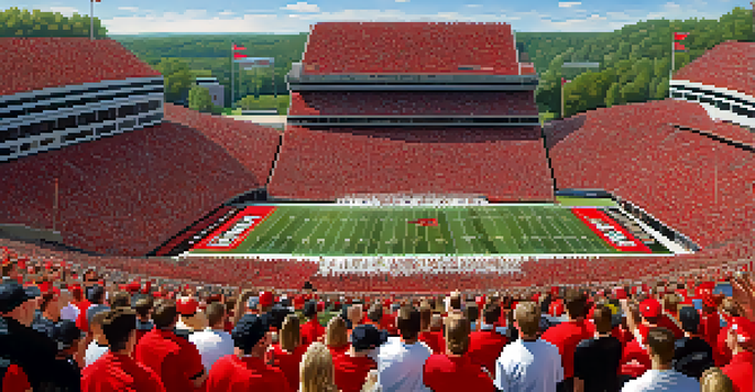 A crowded college football stadium filled with fans in red and black, with players on the field under a bright blue sky.
