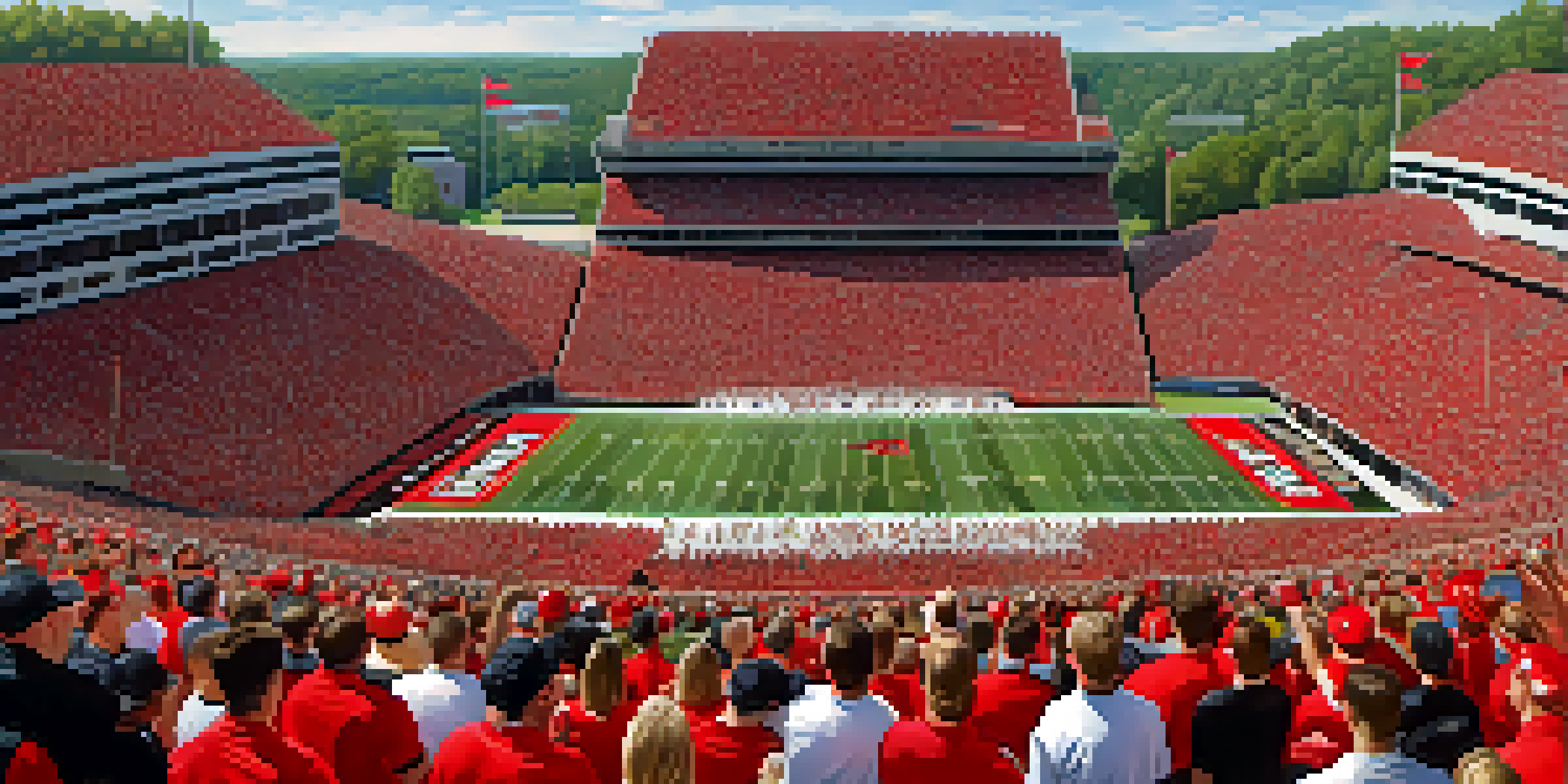 A crowded college football stadium filled with fans in red and black, with players on the field under a bright blue sky.