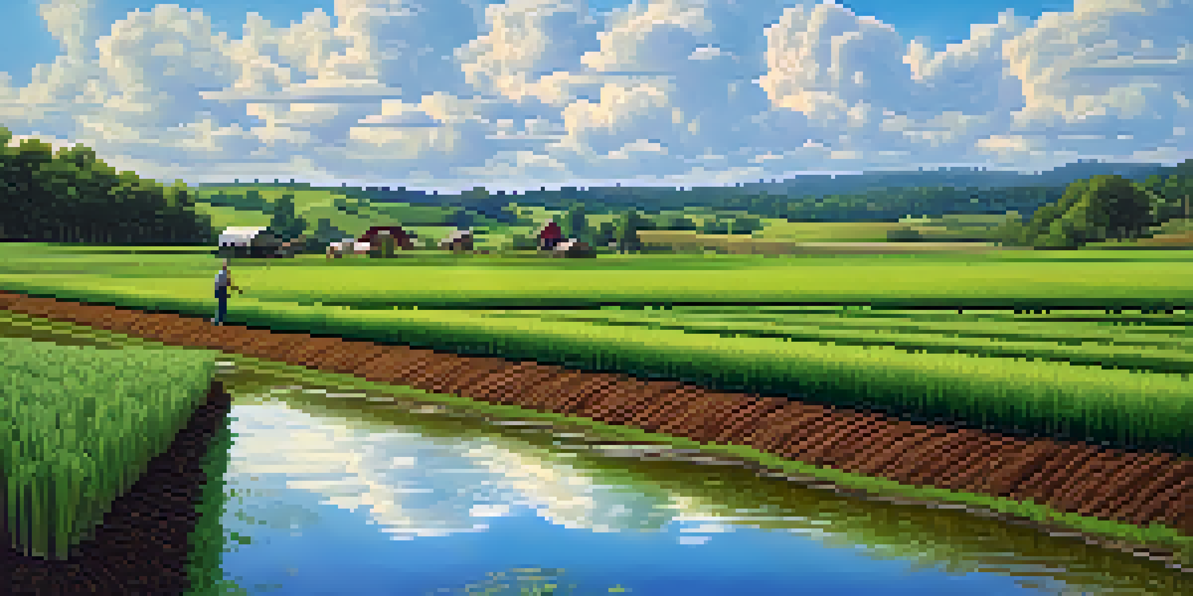 A farmer working on a green farm in Georgia with crops and a pond under a blue sky.
