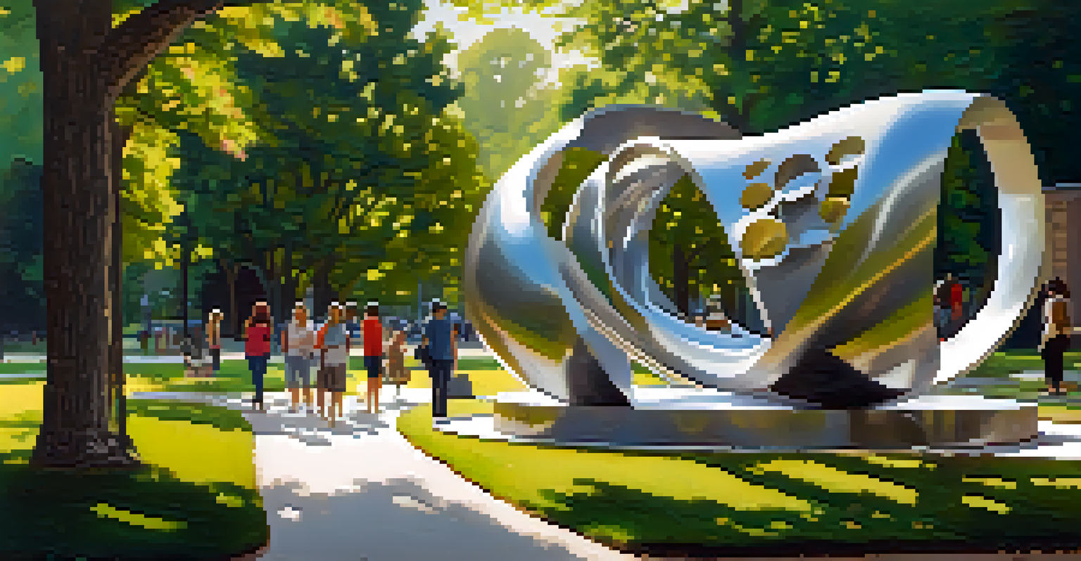 An interactive metal sculpture in a park surrounded by trees and flowers, with people engaging with the artwork.