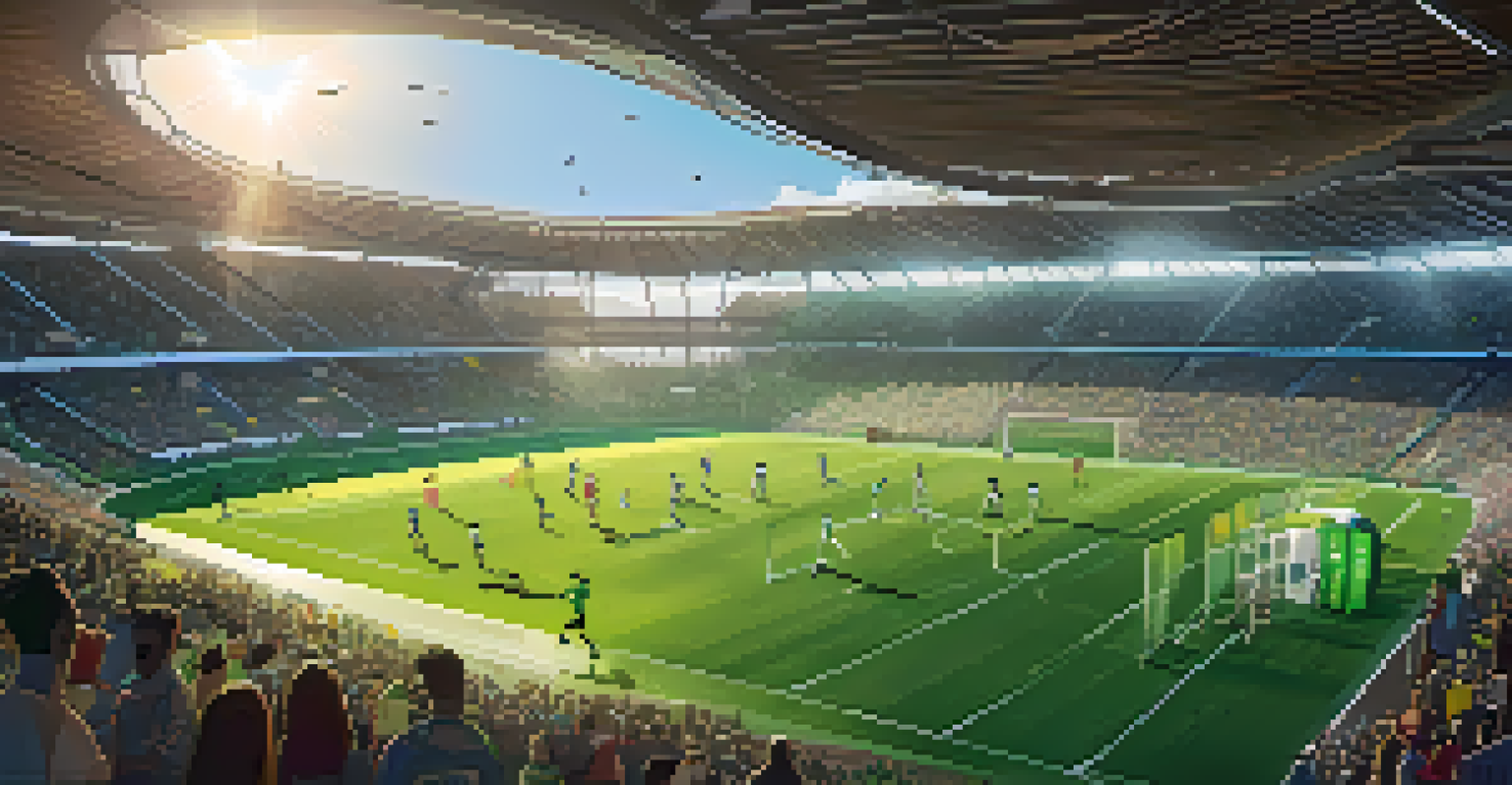 An eco-friendly stadium surrounded by greenery, with solar panels and fans using reusable merchandise during a game.
