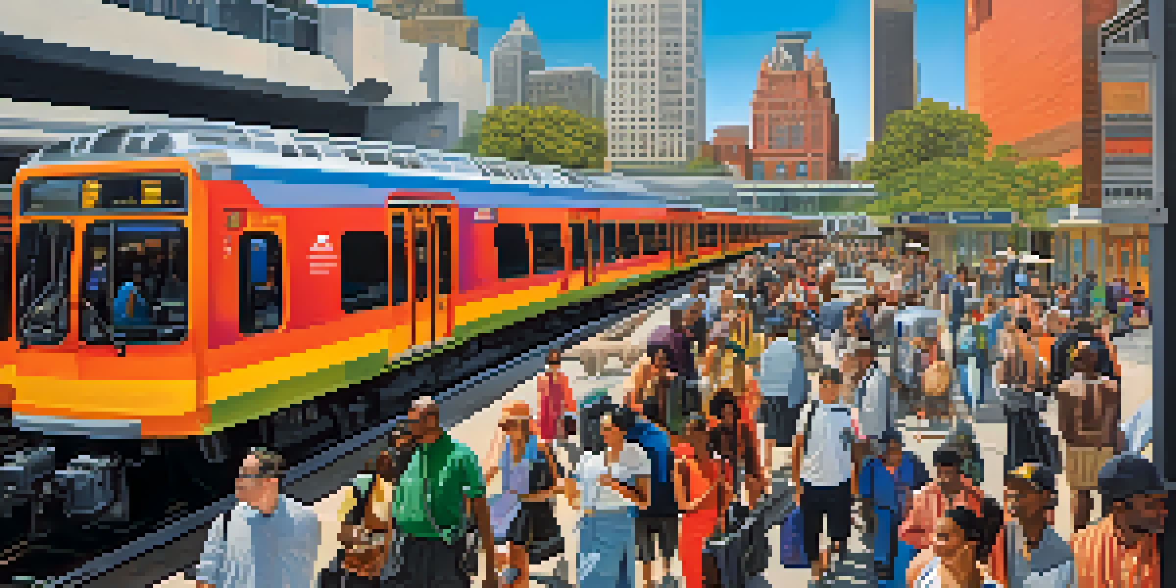 A busy train station in Atlanta with diverse people boarding a MARTA train, set against a backdrop of city skyscrapers and a clear blue sky.