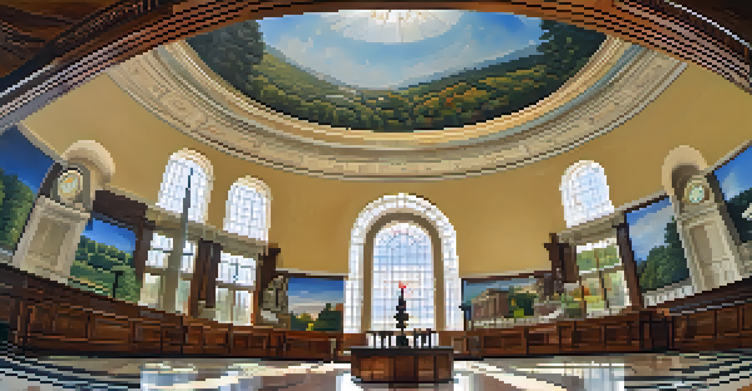 Interior view of the Georgia State Capitol Rotunda, displaying a colorful mural and a grand domed ceiling.