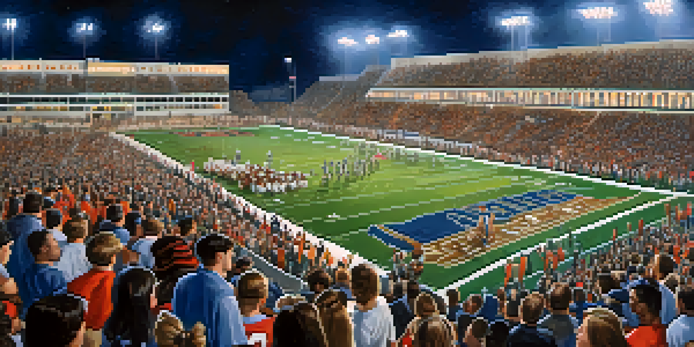 A lively scene of a high school football game with fans cheering, cheerleaders performing, and players on the field, all under bright stadium lights.