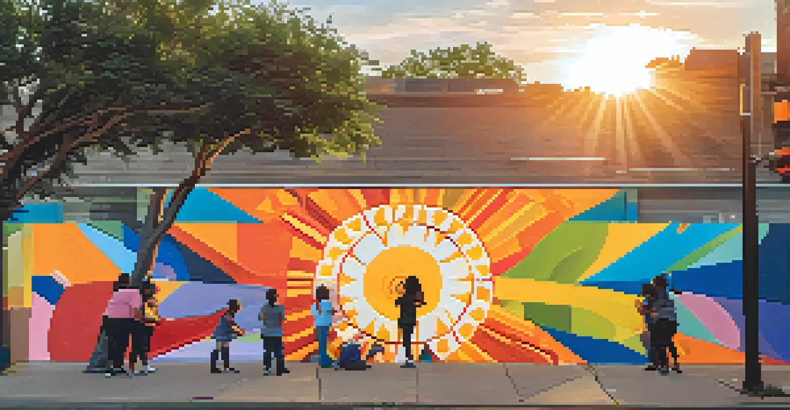 Community members of various ages painting a large, colorful mural together in an urban area during sunset, symbolizing unity and cultural heritage.