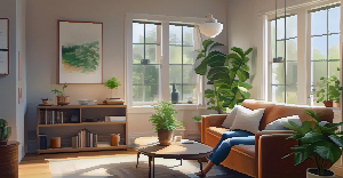 A person in a cozy living room using a laptop for a telehealth consultation with a coffee mug on the table.