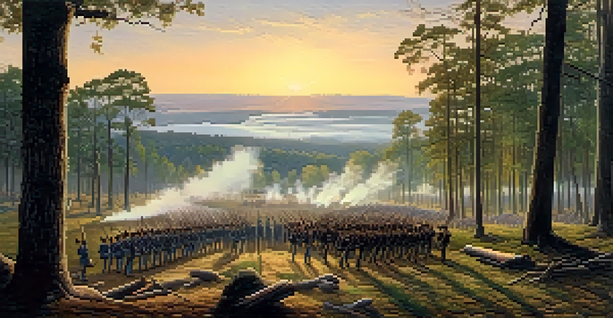 A panoramic view of the Chickamauga battlefield at dawn, depicting soldiers from both the Union and Confederate armies engaged in battle among dense woods and hills.
