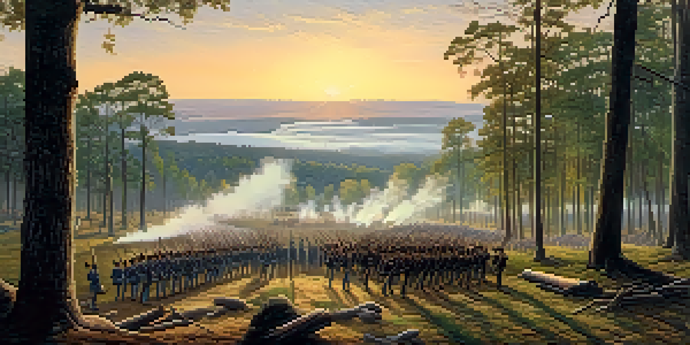 A panoramic view of the Chickamauga battlefield at dawn, depicting soldiers from both the Union and Confederate armies engaged in battle among dense woods and hills.