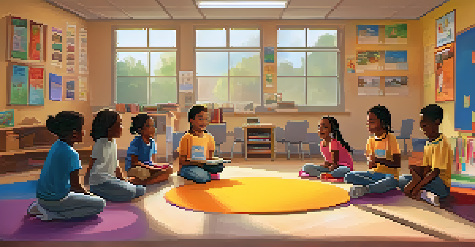 A warm classroom setting with children engaged in a storytelling session with their teacher, surrounded by student artwork and books.