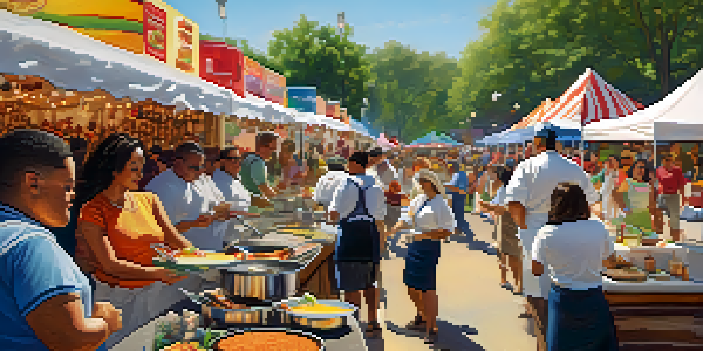 A bustling food festival with chefs cooking traditional Hispanic dishes and attendees enjoying the food.