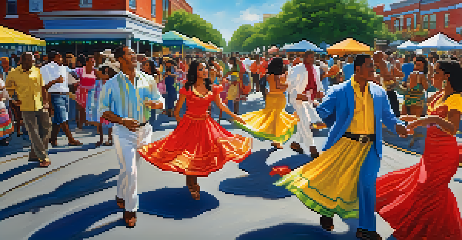 A lively street scene at the Atlanta Salsa Festival with dancers in colorful attire, music, and food stalls.
