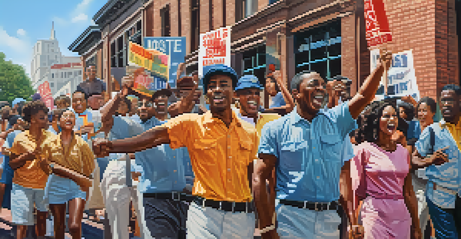 A lively civil rights protest in Atlanta with activists holding signs demanding equality during the 1960s.