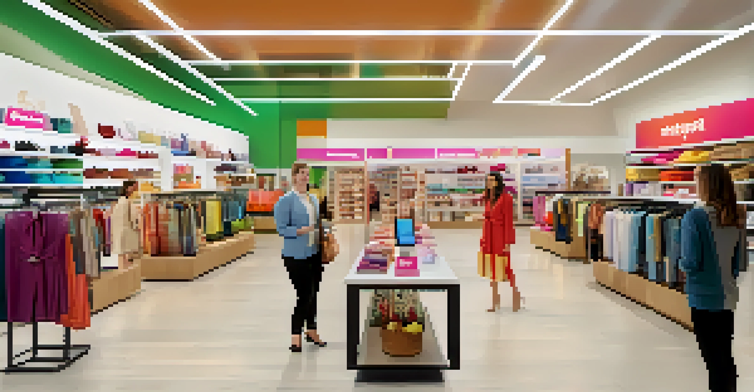 A modern retail store in Georgia with a virtual assistant helping customers, showcasing colorful products and digital screens.