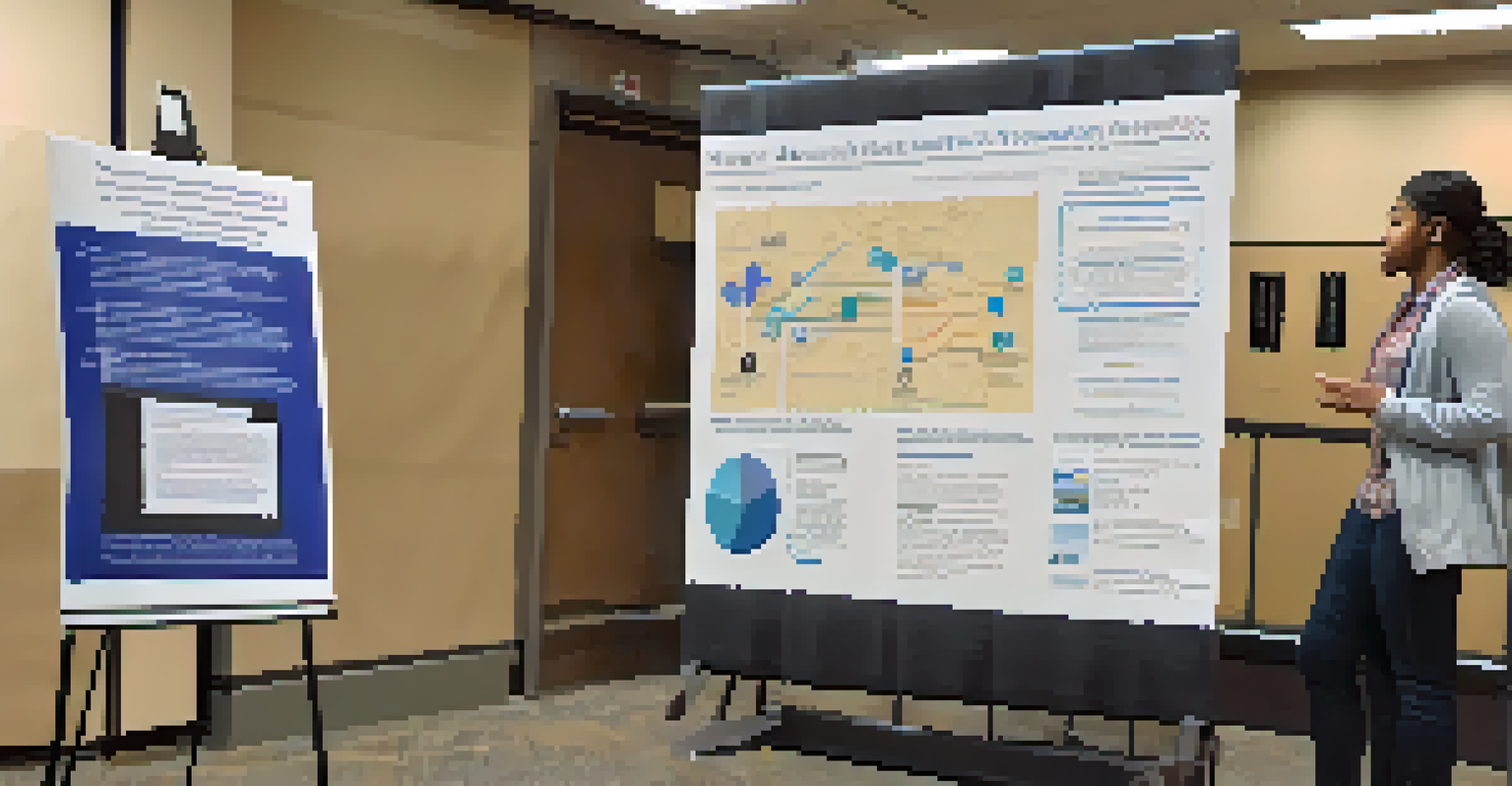 A student presenting their research at a conference, with a poster and an engaged audience in the background.