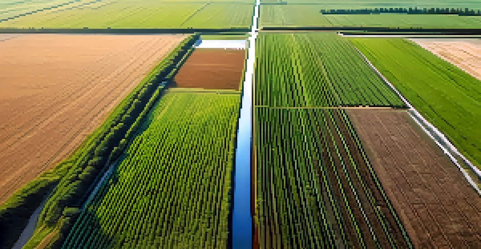 Aerial view of a Georgia farm with smart irrigation technology, showcasing green fields and moisture sensors.