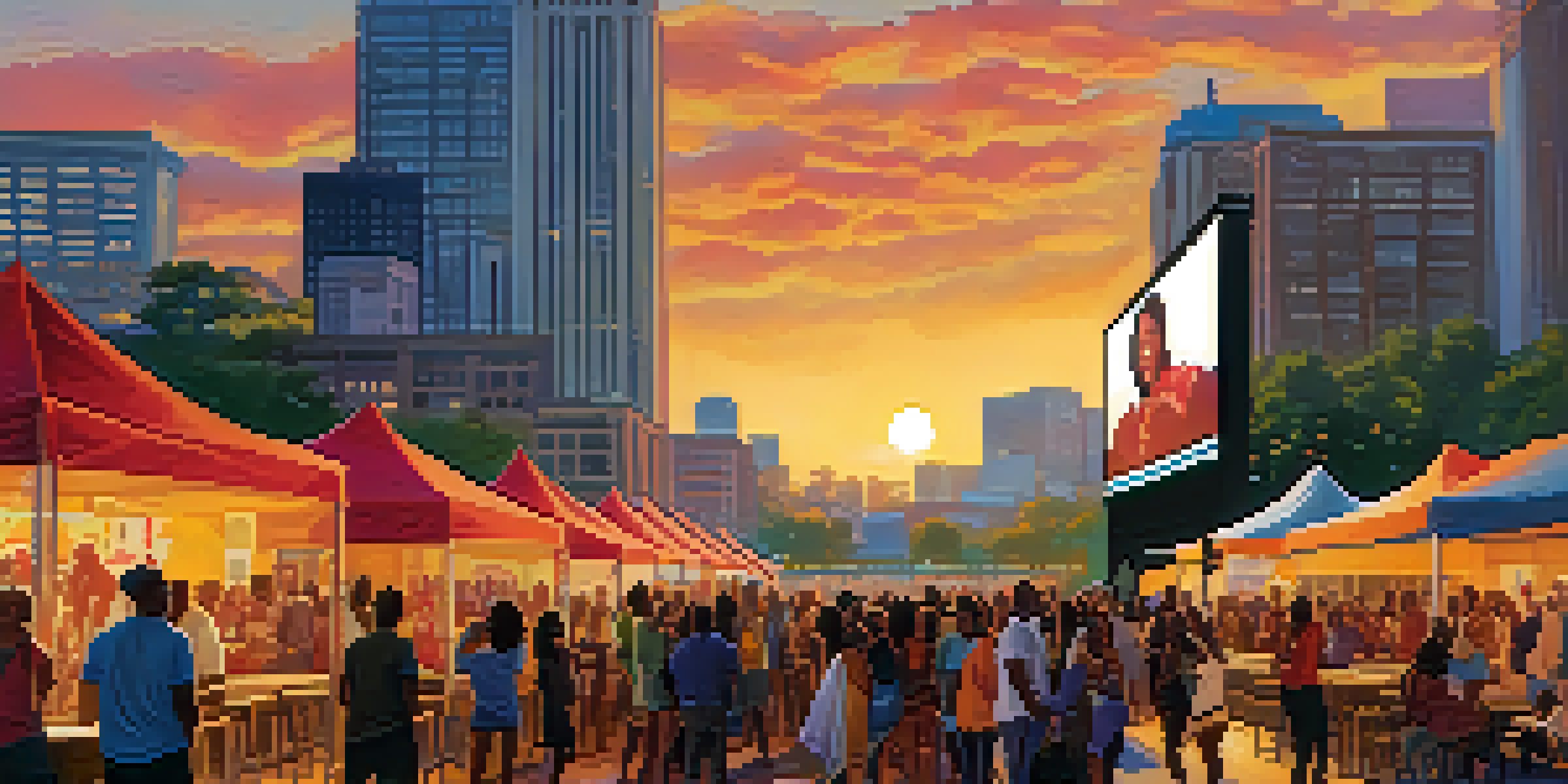 A bustling outdoor film festival scene with a diverse crowd watching a movie on a large screen, with colorful banners and the Atlanta skyline in the background.