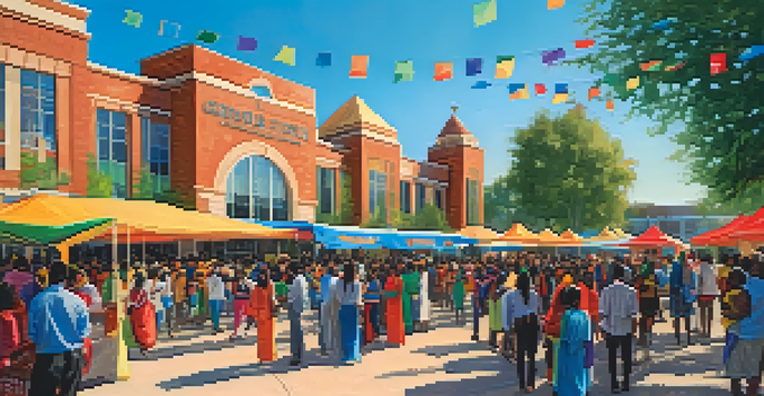 A lively cultural festival at Georgia State University with students in traditional attire and colorful decorations.