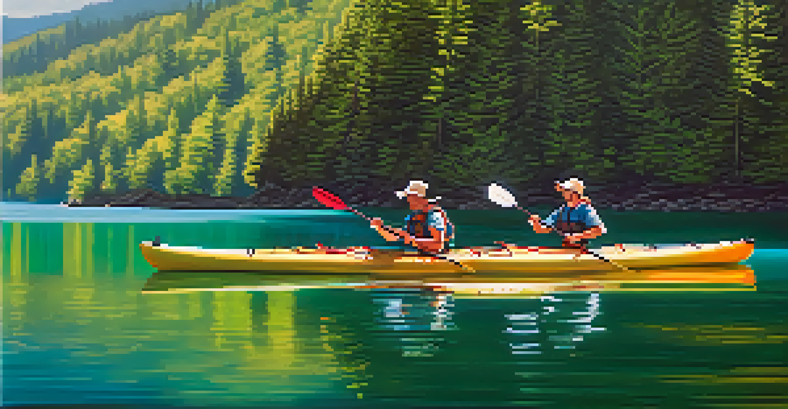Kayakers on the calm waters of Lake Ritsa, surrounded by green cliffs and mountains on a sunny day.
