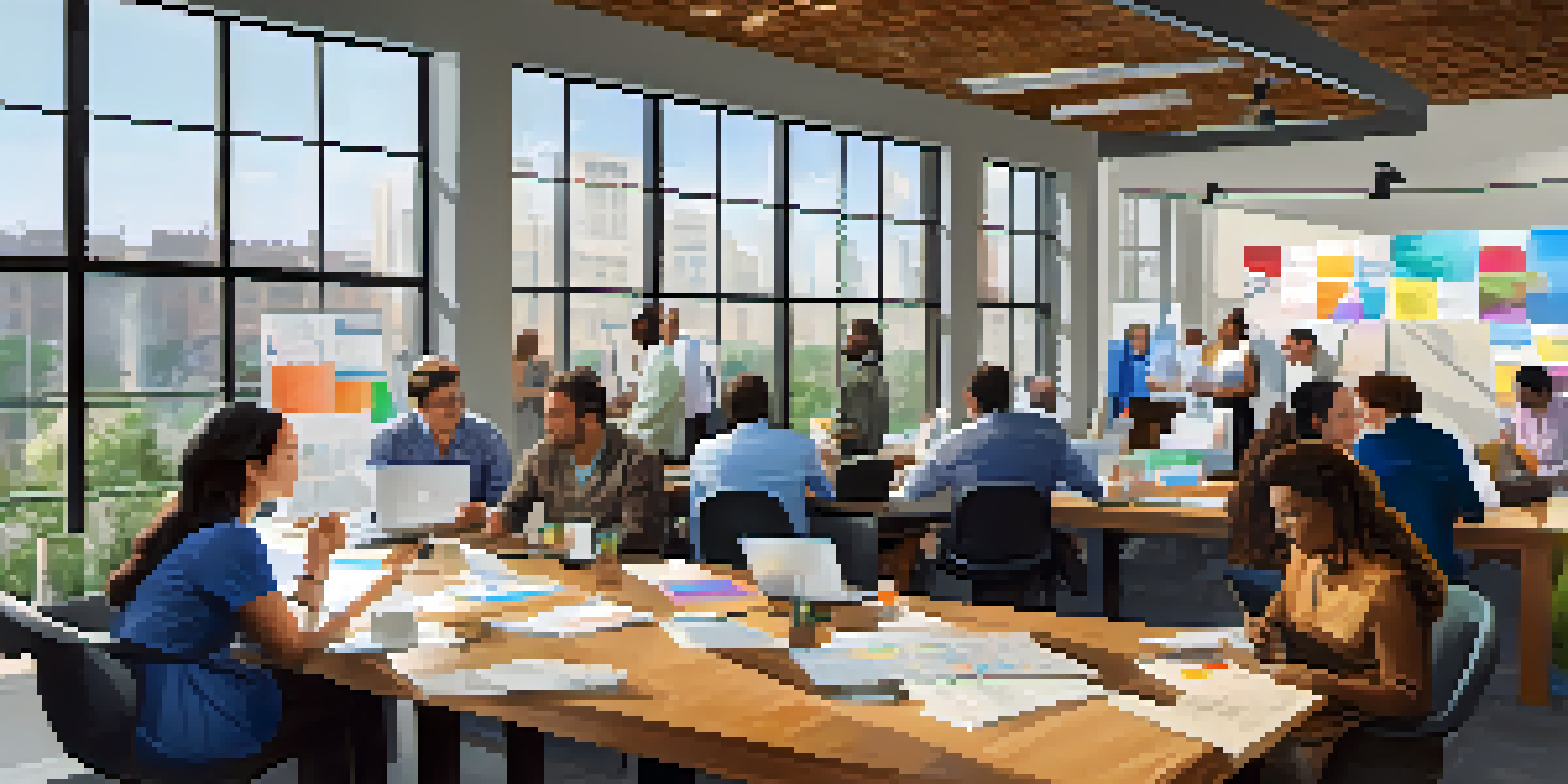 Entrepreneurs from diverse backgrounds engaged in discussions at a small business development center, with charts and business plans on a table and natural light streaming through large windows.