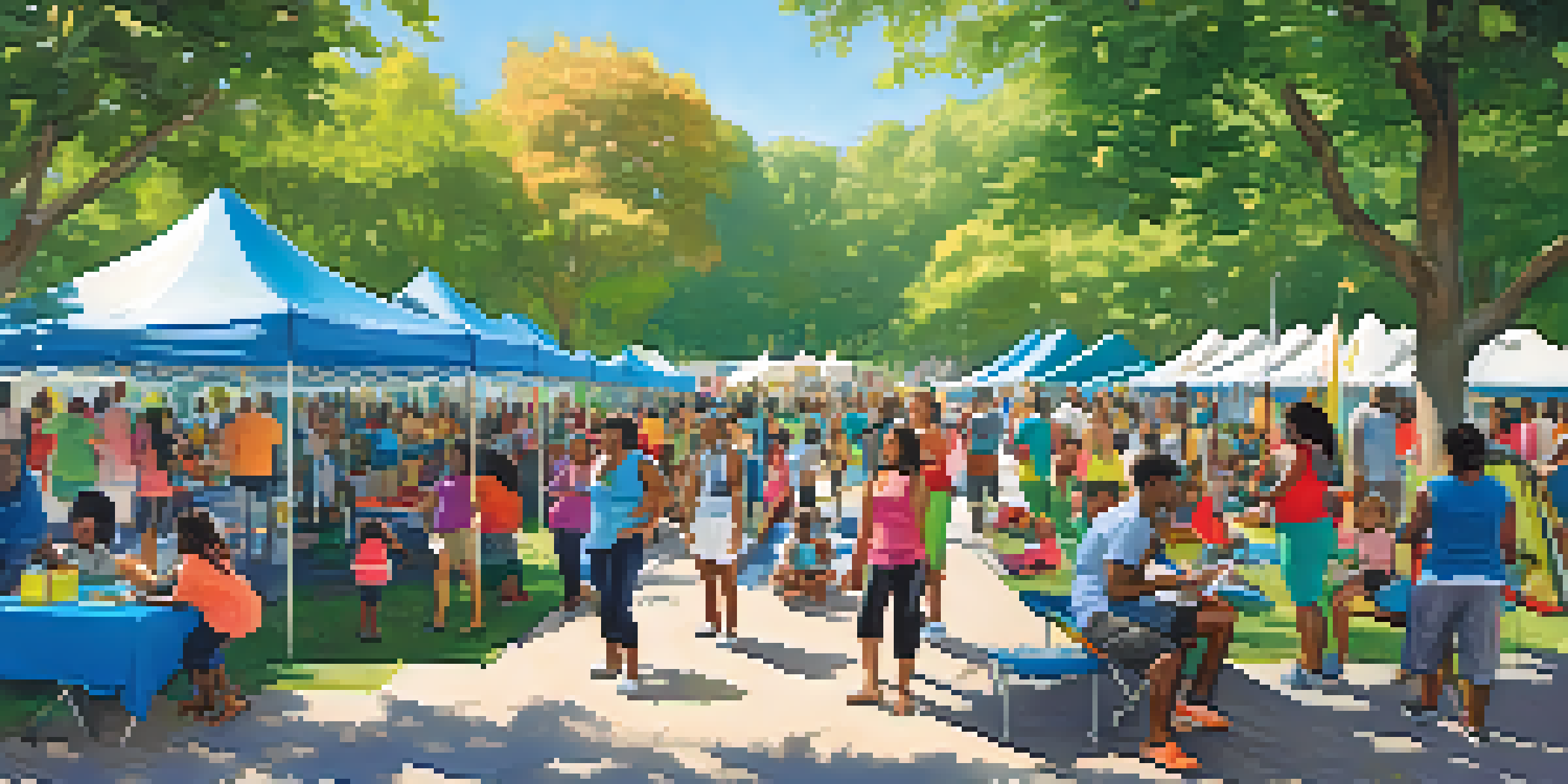 A community health fair in a park with families participating in health screenings and wellness activities under a bright blue sky.
