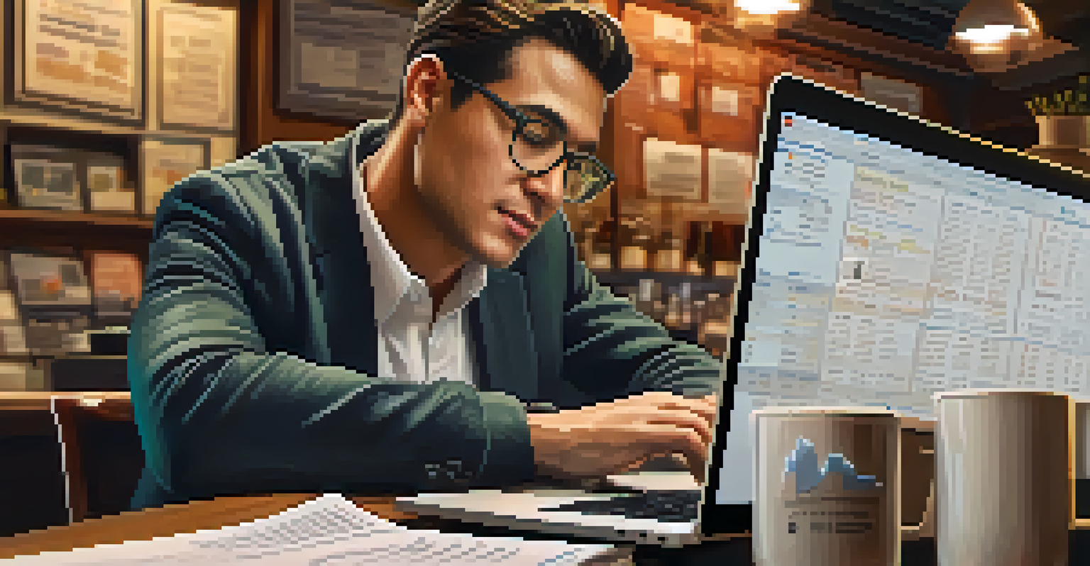 A small business owner focused on a laptop surrounded by financial documents in a cozy cafe setting, with warm lighting and coffee.