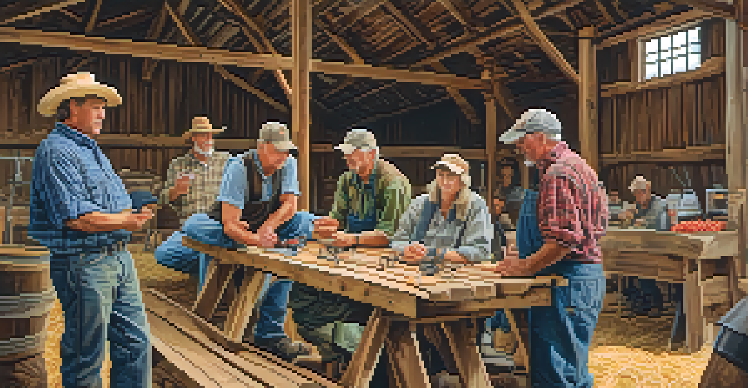 A group of diverse farmers in a rustic barn discussing innovative agricultural practices, surrounded by tools and technology.