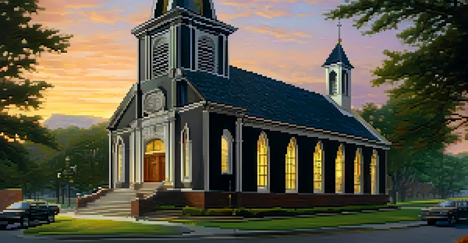 A Black church in Georgia with grand architecture and stained glass windows, illuminated by sunset light, symbolizing community and spirituality.