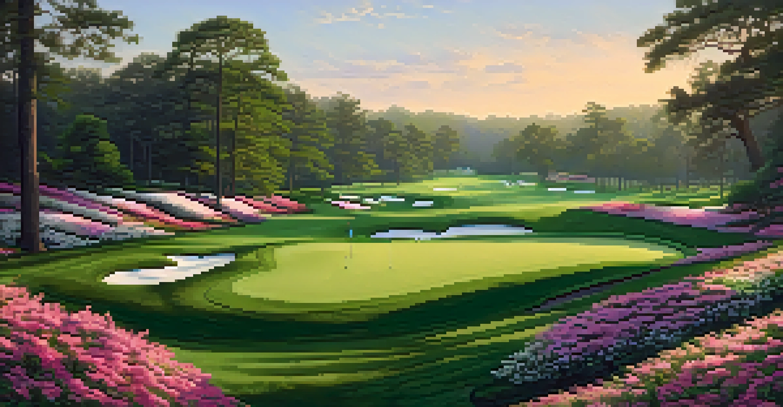 A tranquil morning view of the Augusta National Golf Club during the Masters Tournament, showcasing lush greens and blooming flowers.