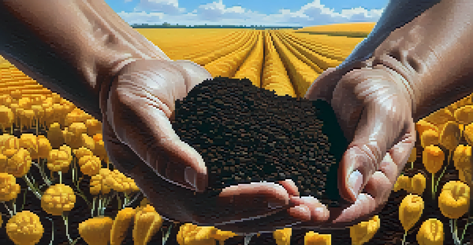 Close-up of a farmer's hands holding rich soil, with a diverse crop field in the background under sunlight.