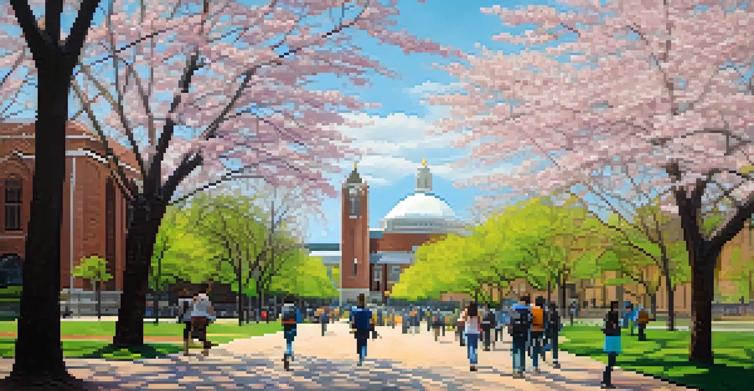 Students walking on Georgia Tech campus under cherry blossom trees, with university buildings in the background.