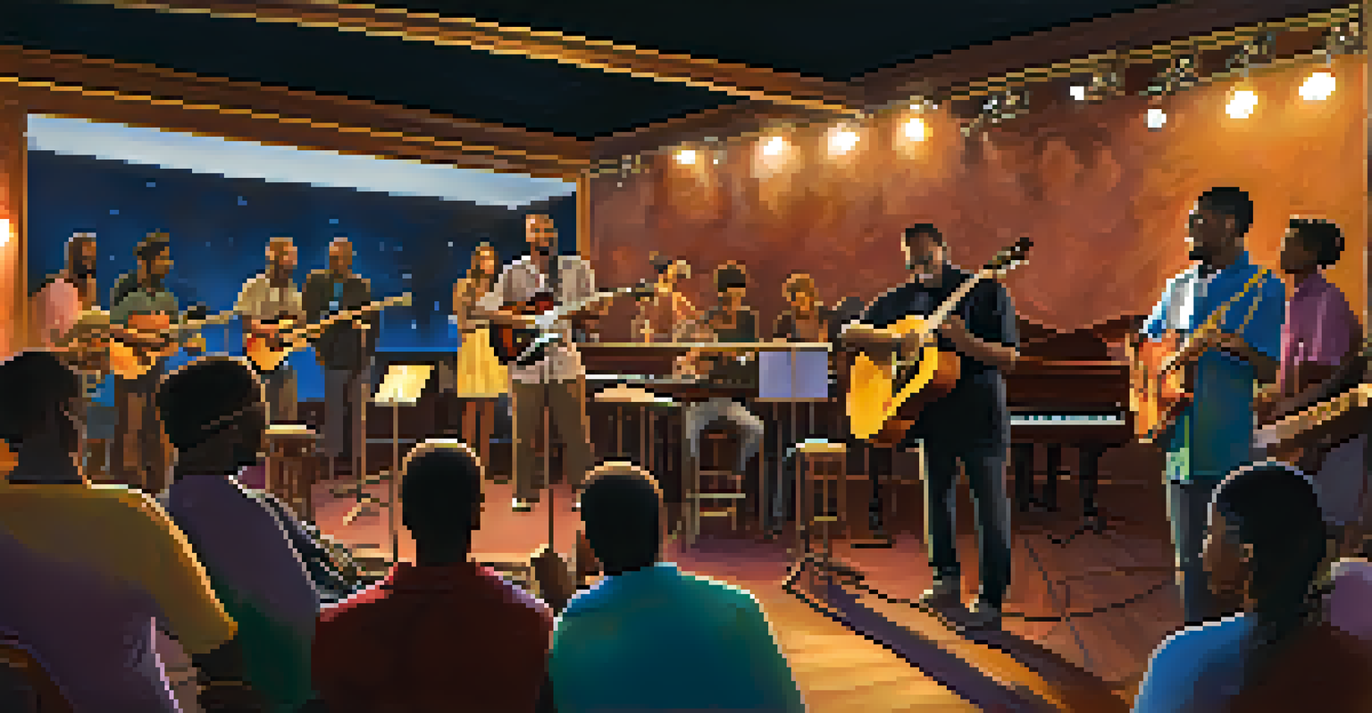 A cozy music performance at the Savannah Music Festival, featuring diverse musicians on stage and an engaged audience enjoying the show.