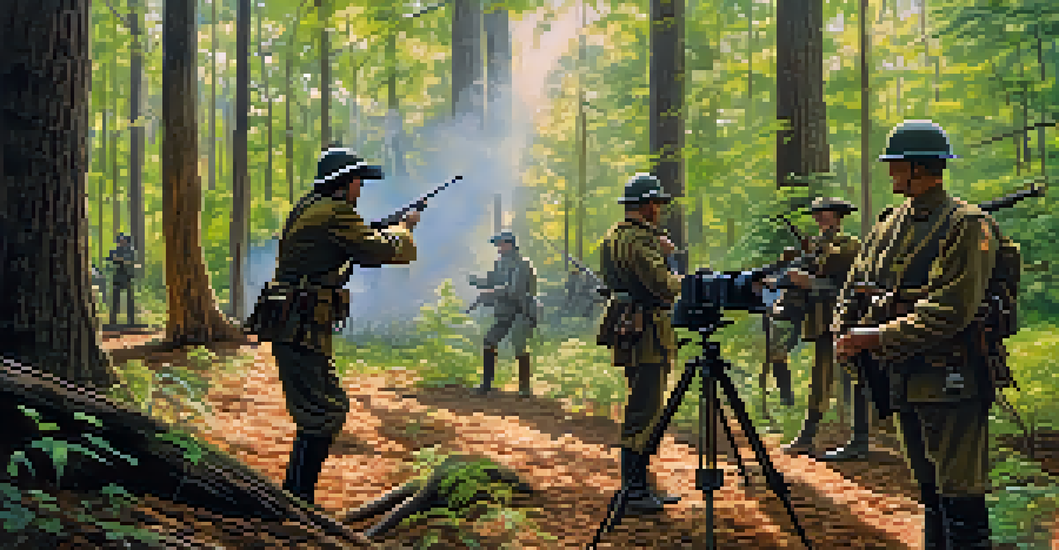 Documentary filmmaker filming a Civil War reenactment in a vibrant Georgia forest.
