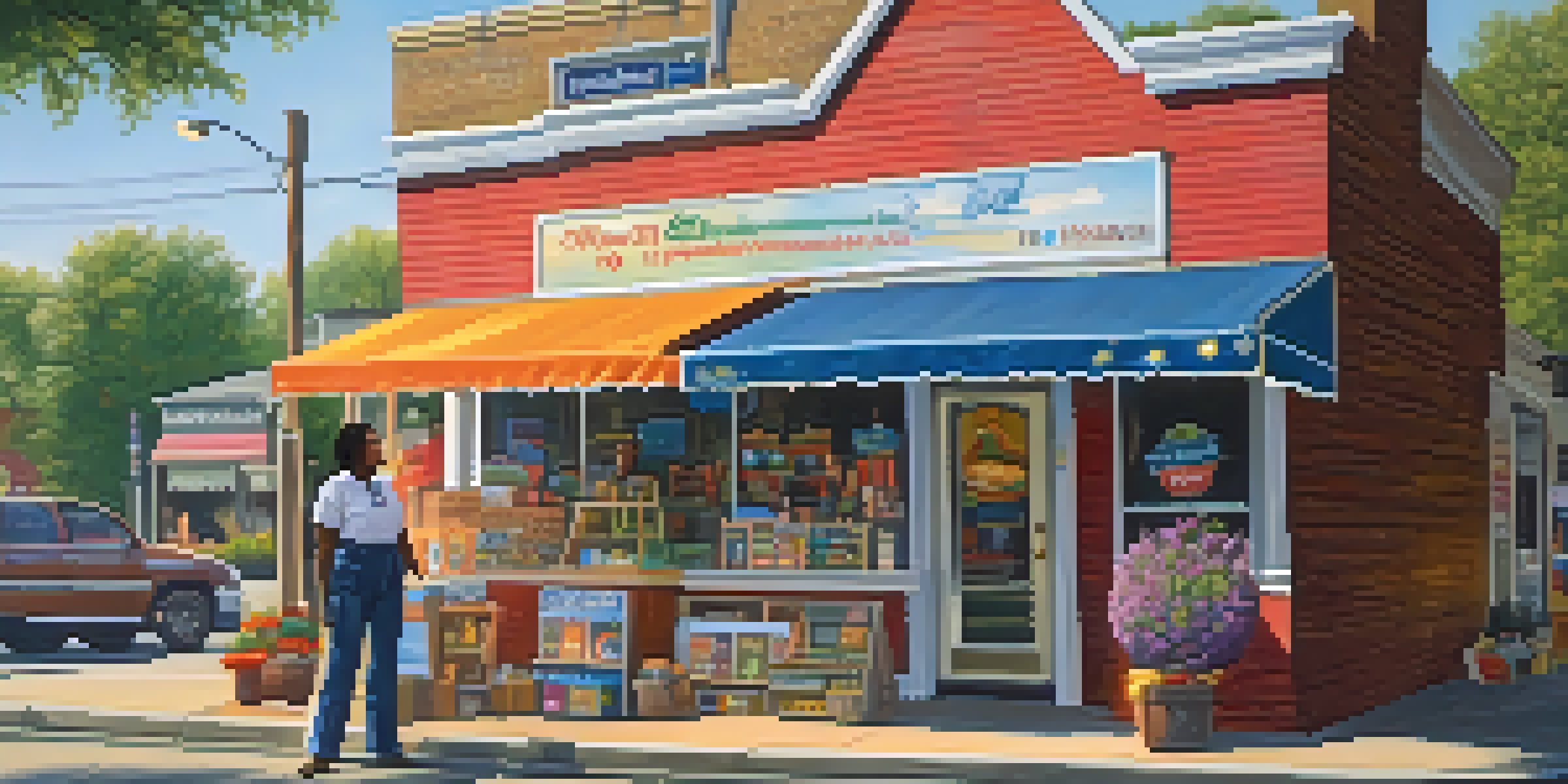 A small business owner in Georgia proudly stands in front of her vibrant retail store, engaging with a customer, surrounded by colorful displays and bright sunlight.