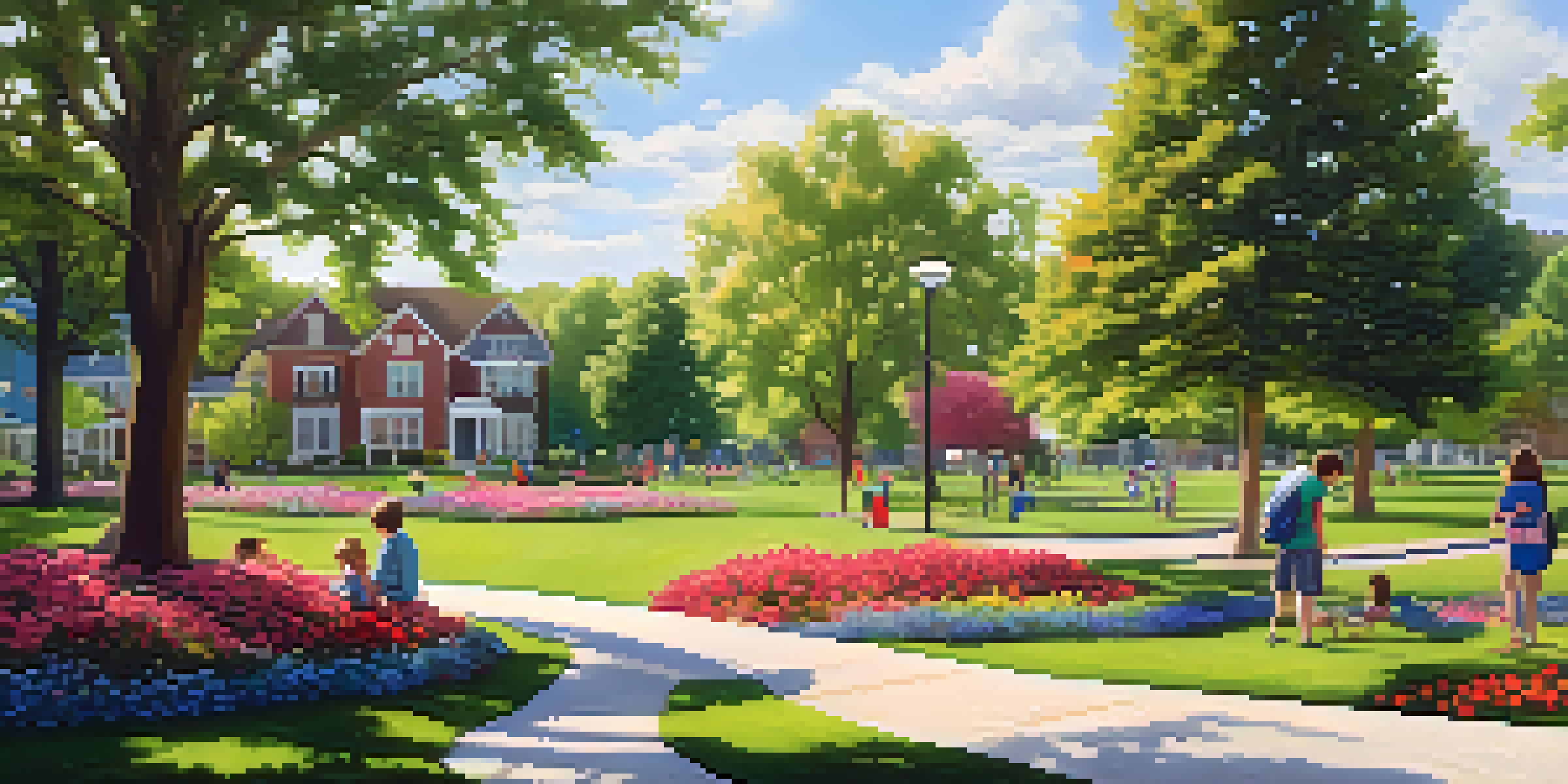 A community park in Georgia filled with families enjoying picnics, children playing, and a beautiful landscape with trees and flowers.