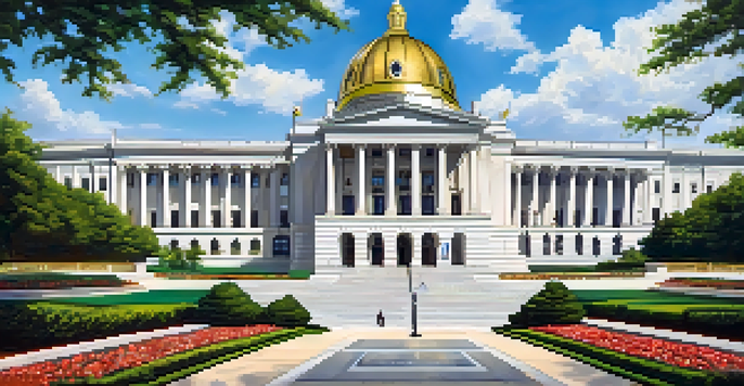 A panoramic view of the Georgia State Capitol with a shining gold dome and beautiful gardens surrounding it.
