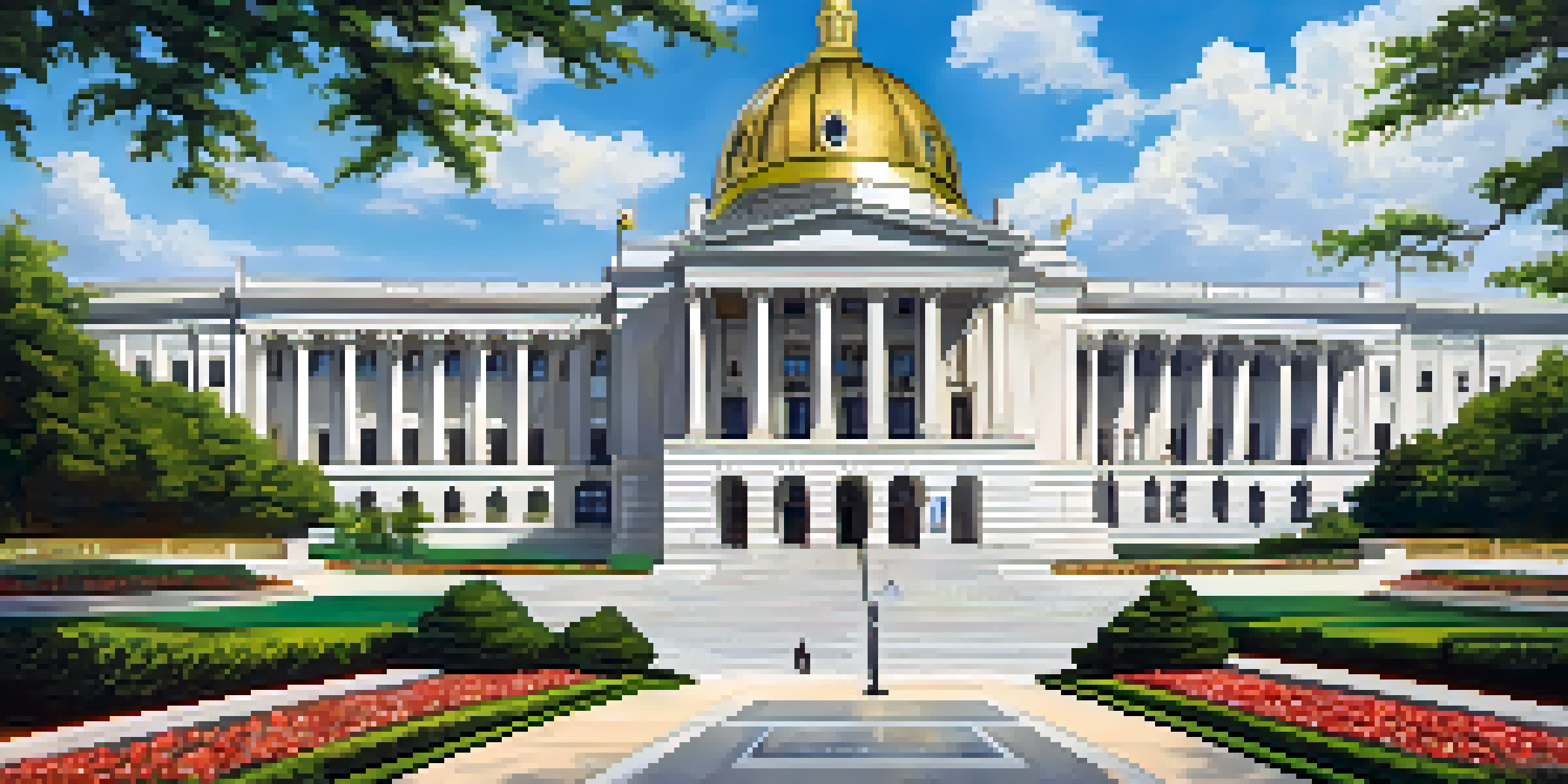 A panoramic view of the Georgia State Capitol with a shining gold dome and beautiful gardens surrounding it.
