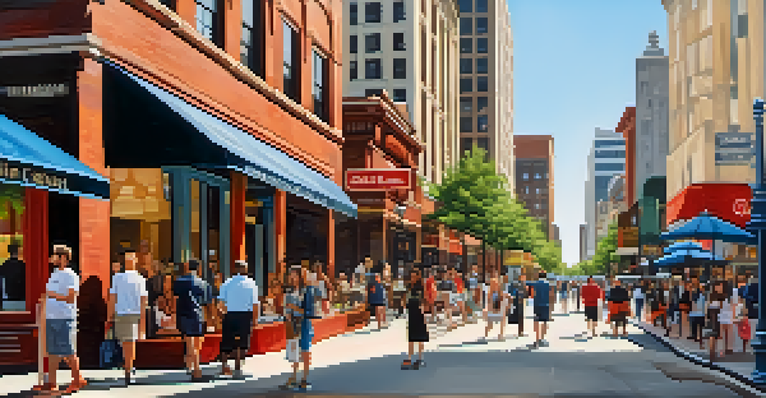 A busy downtown street in Atlanta featuring modern and historic buildings, cafes, and people enjoying the vibrant atmosphere.