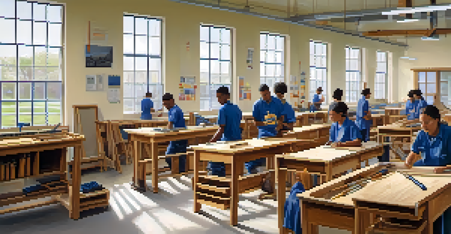 A vocational training classroom with engaged students learning hands-on skills, well-lit with large windows and organized tools, highlighting education and job training.