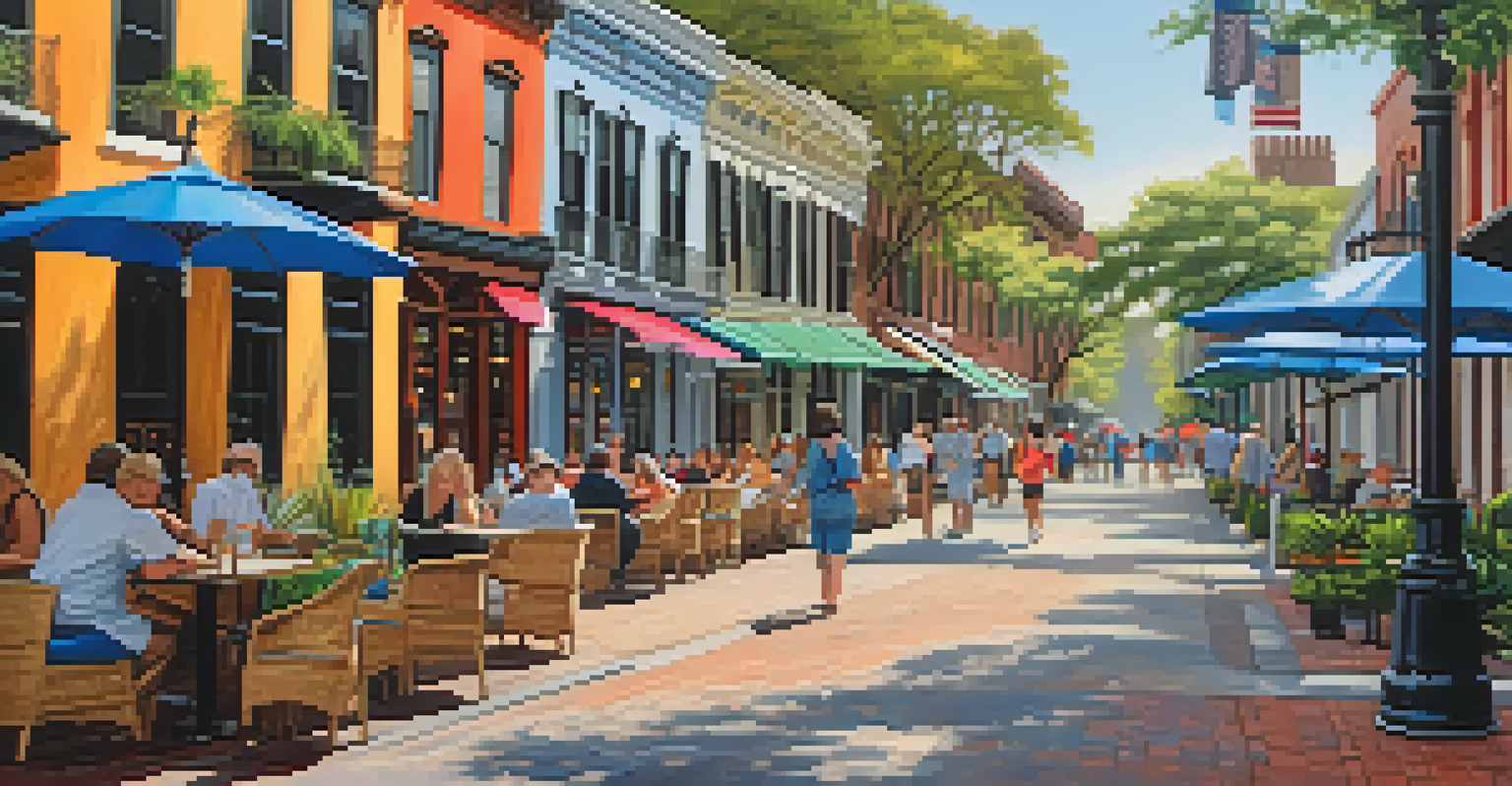 A bustling street in Savannah's Historic District filled with shops, cafes, and people enjoying the day.