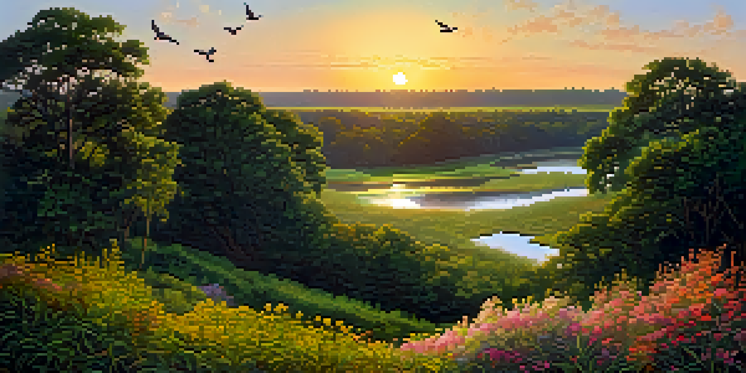 A scenic view of Ocmulgee National Historical Park featuring the Great Temple Mound, vibrant wildflowers, and the Ocmulgee River at sunset.