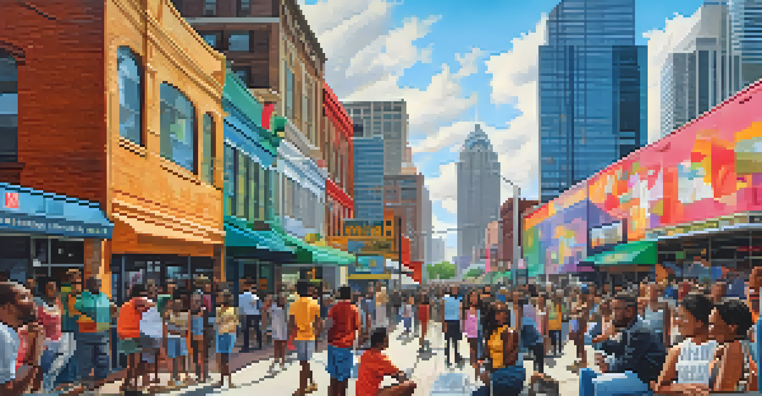 A vibrant urban scene in Atlanta with young voters discussing community issues against a backdrop of skyscrapers and murals.