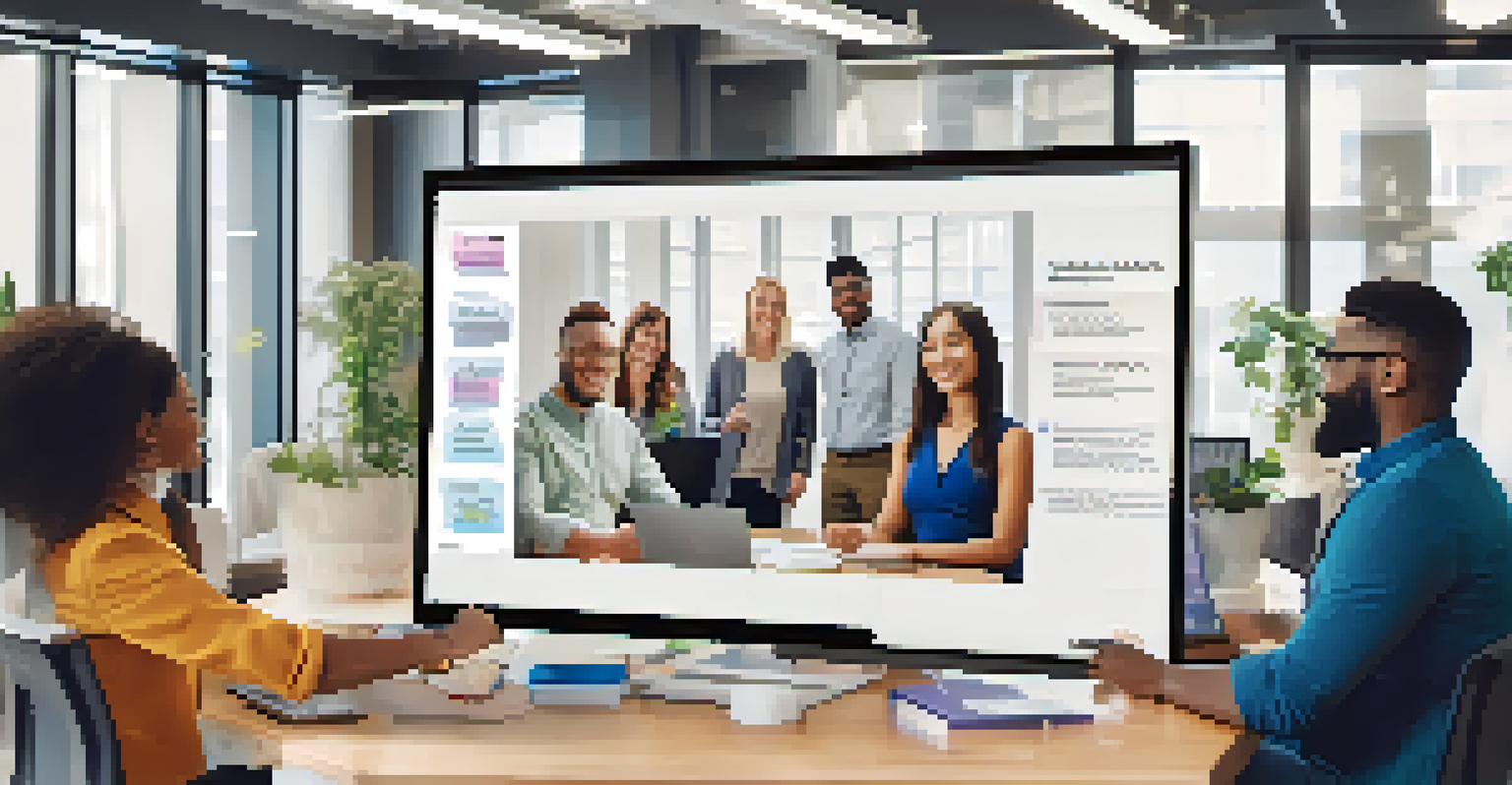 A diverse group of professionals participating in a virtual meeting, smiling and collaborating in an office space.