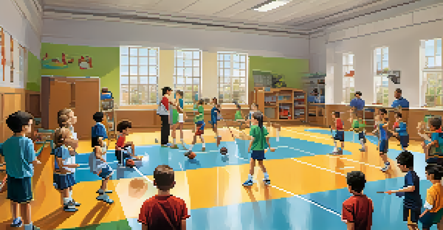 A coach instructing students in a classroom filled with sports equipment, demonstrating teamwork and engagement in sports education.