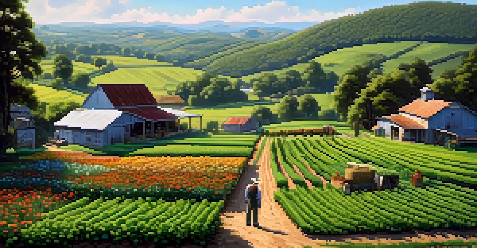 A serene small organic farm in Georgia with crops, a farmer, and a rustic farmhouse under a clear sky.