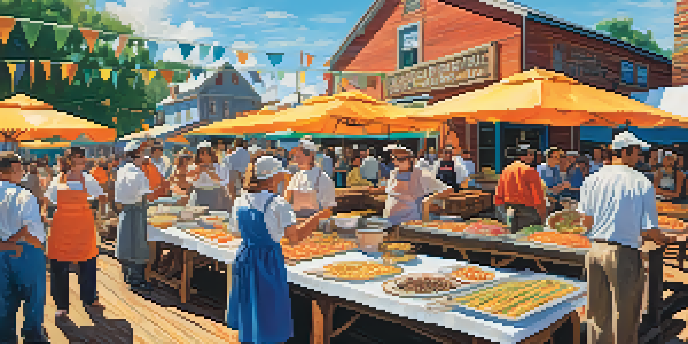 A lively food festival in Georgia with colorful local dishes on wooden tables and chefs demonstrating cooking techniques.