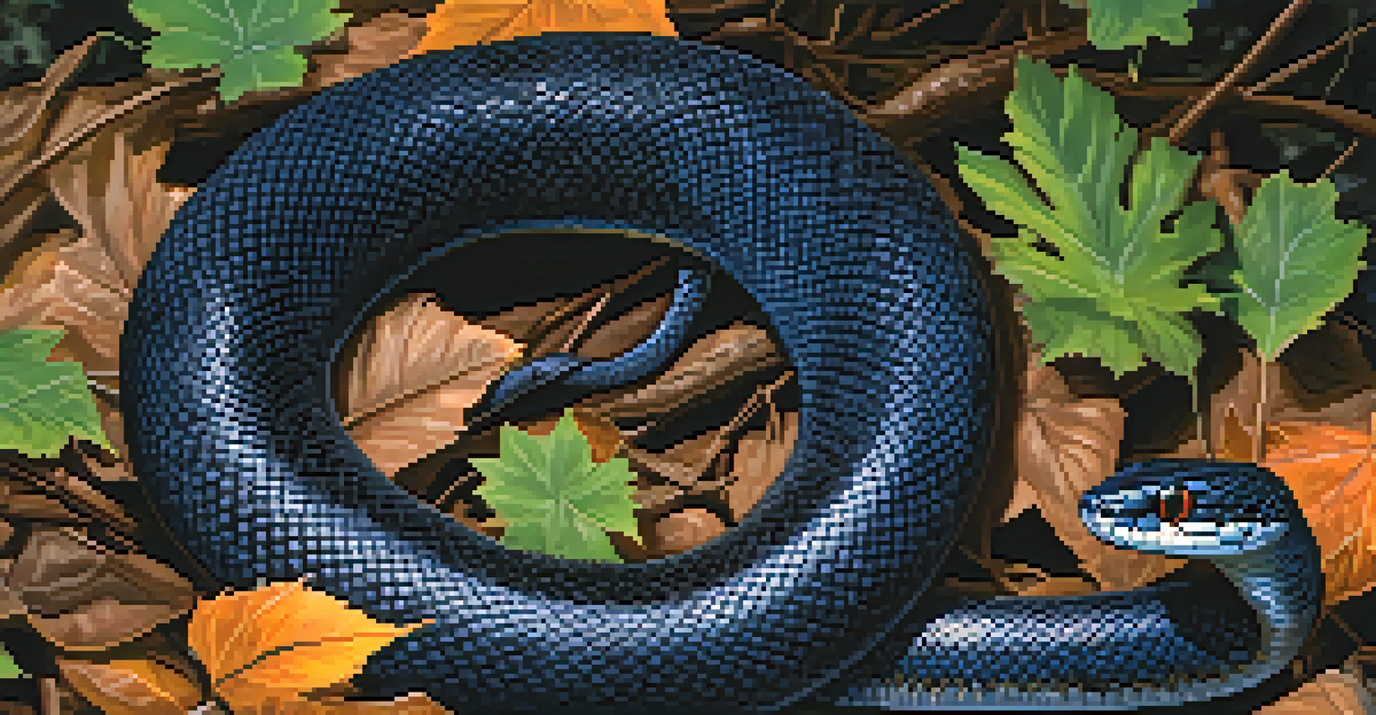 A close-up of an Eastern Indigo Snake resting on leaves in a forest.