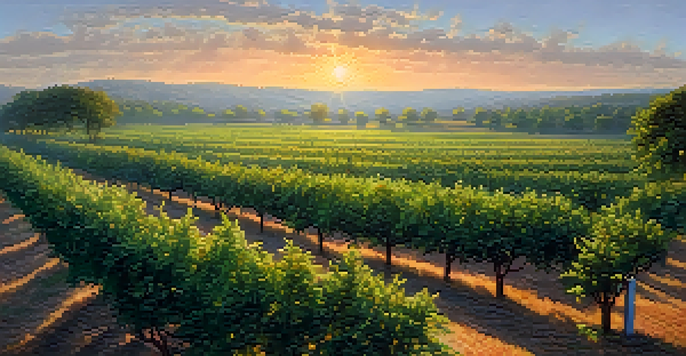 A beautiful peach orchard in Georgia, bathed in the warm glow of sunrise, with ripe peaches on the trees and mist in the background.