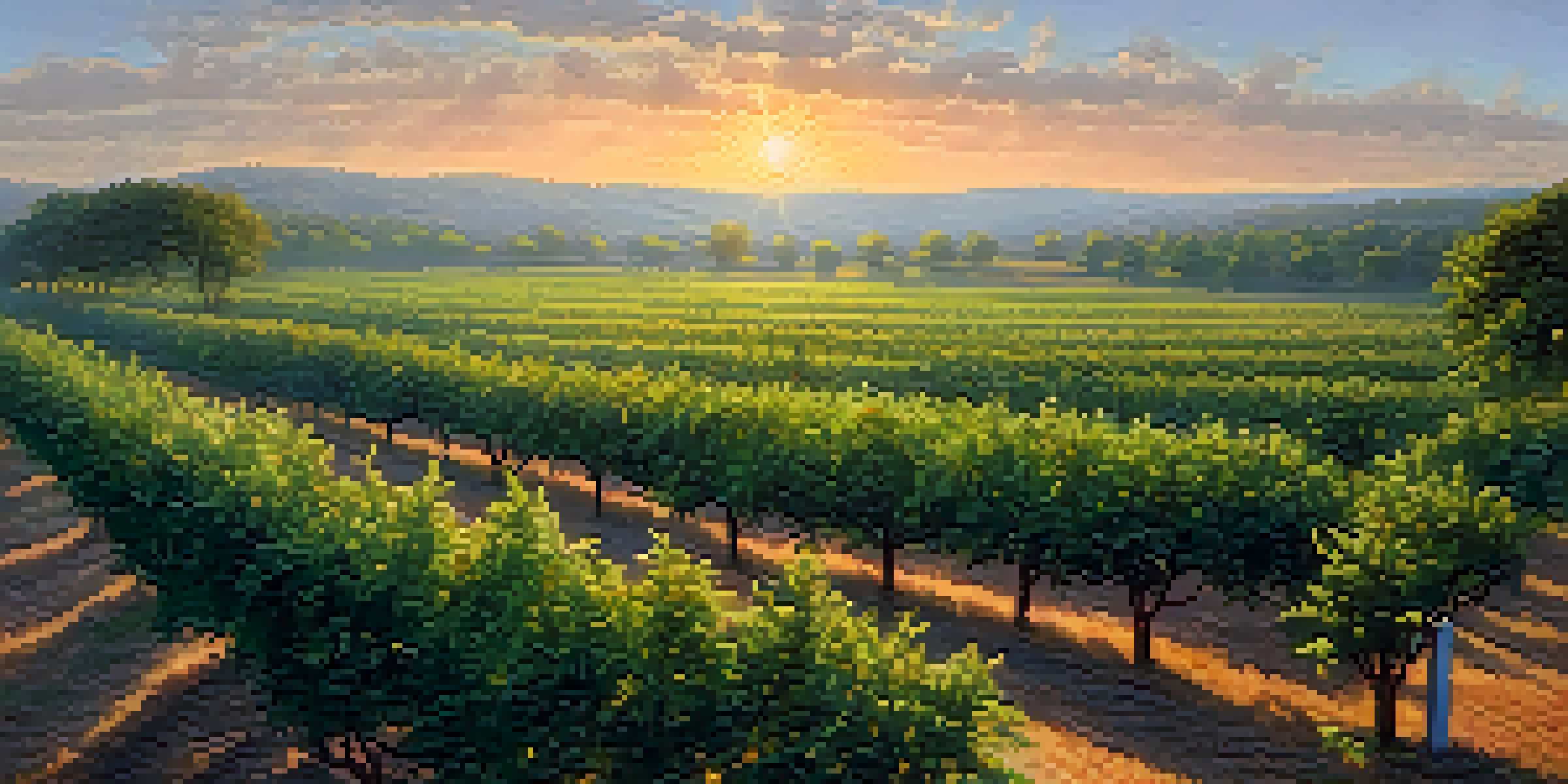 A beautiful peach orchard in Georgia, bathed in the warm glow of sunrise, with ripe peaches on the trees and mist in the background.