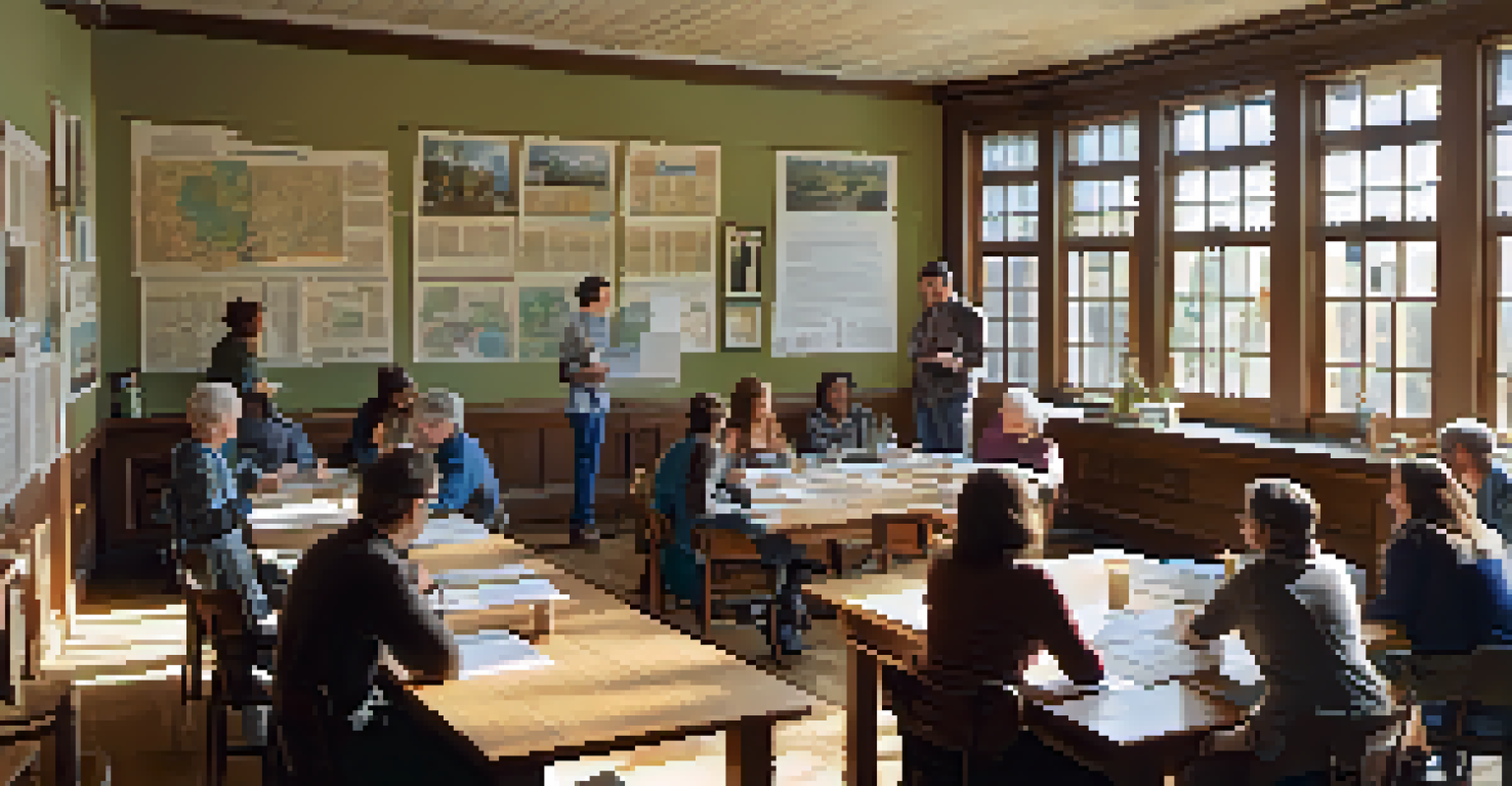 An educational workshop on historical preservation, with volunteers discussing and surrounded by heritage posters.