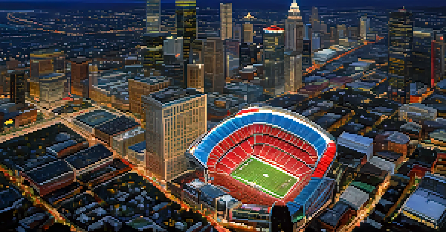Aerial view of downtown Atlanta during a major sports event with stadiums and vibrant fan activity.